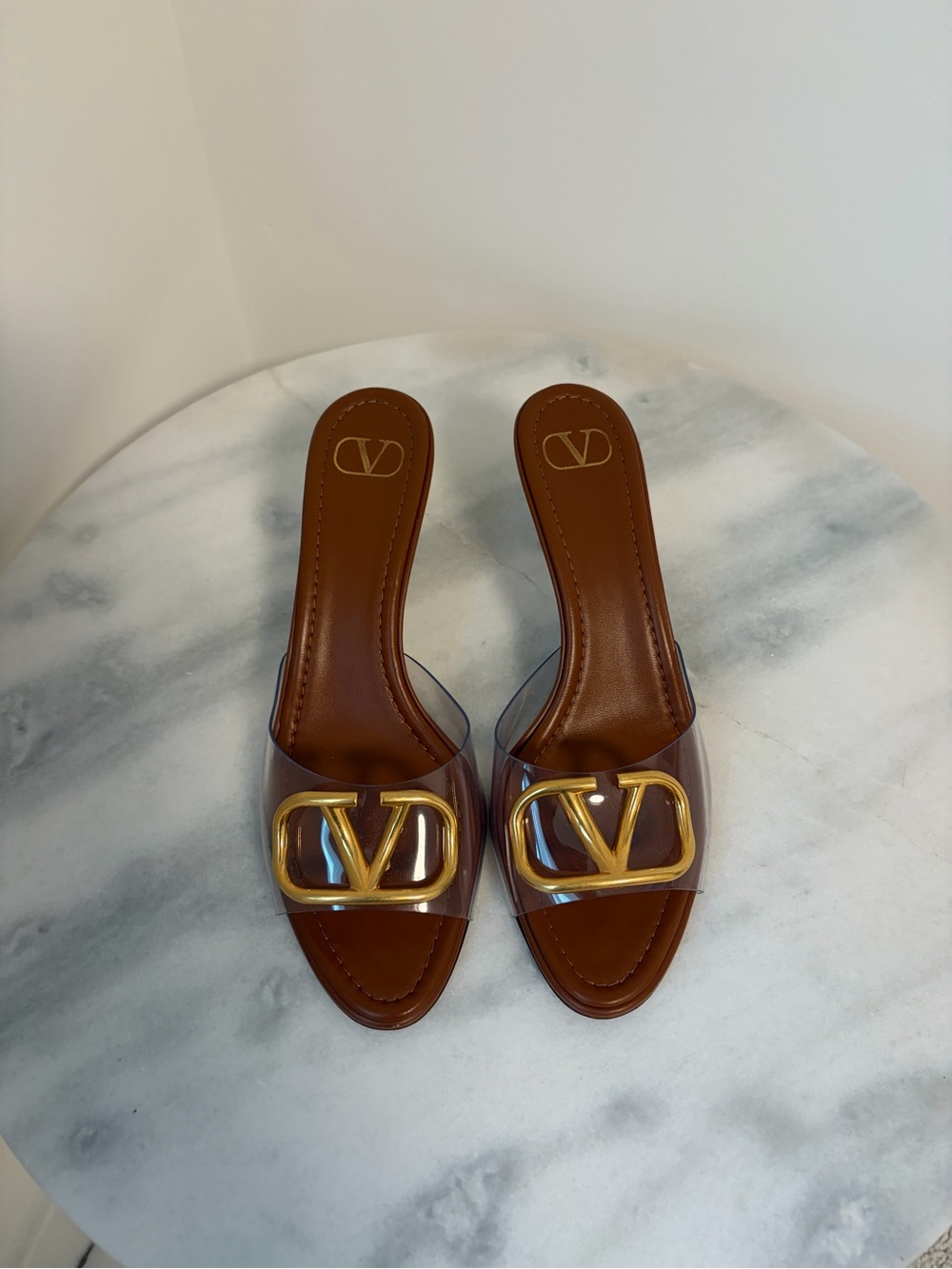 Valentino Garavani Brown Leather and Clear Logo Mule Sandals